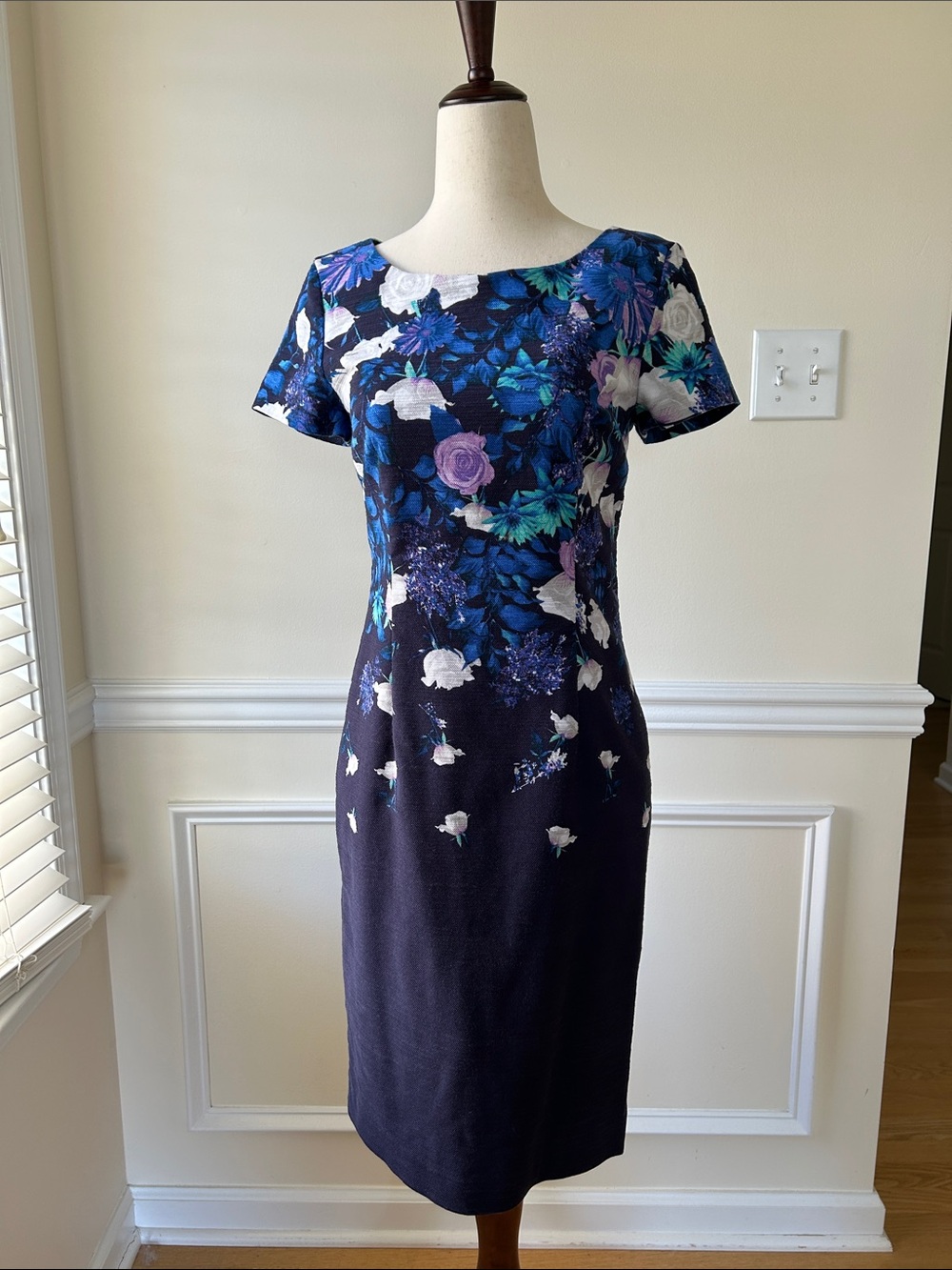 Talbots Navy Midi Dress with Blue, Purple and White Floral Print